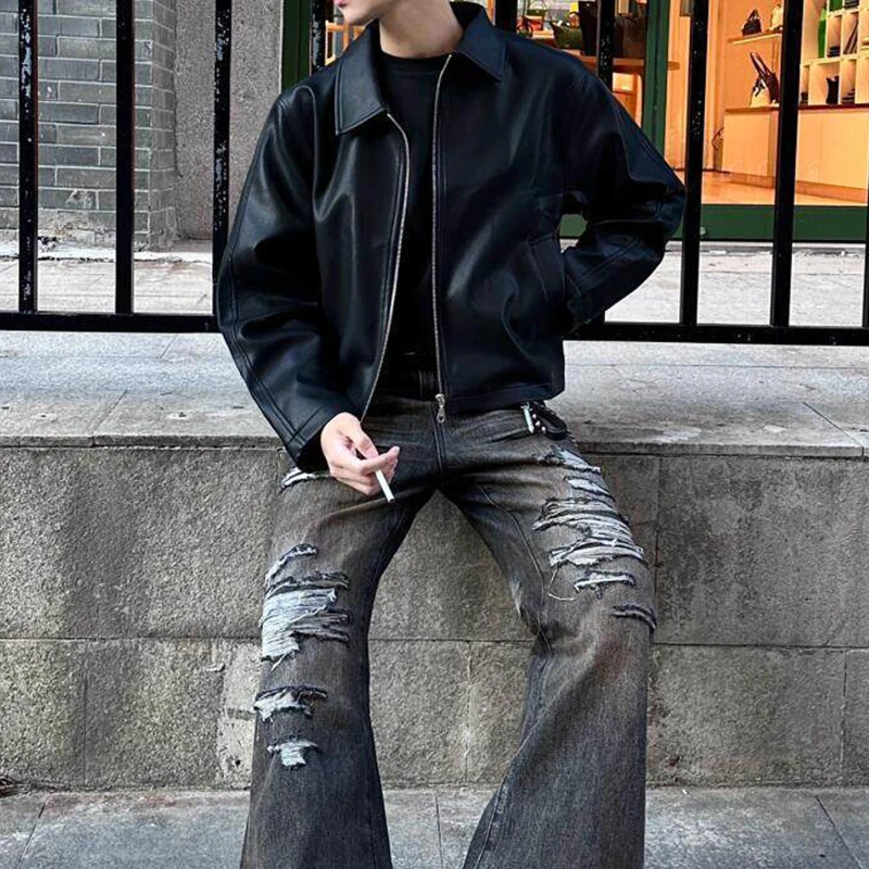 Trendy Zip-up Turn-down Collar PU Leather Coat Men Clothing Classic Solid Color Leather Jackets For Men's Fall Vintage Outerwear