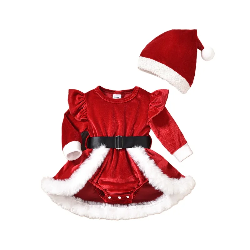 Winter Baby Girls Xmas Velvet Romper Dress Terry Trim Long Sleeve Santa Jumpsuit Christmas Hat Adorable Outfits Costume