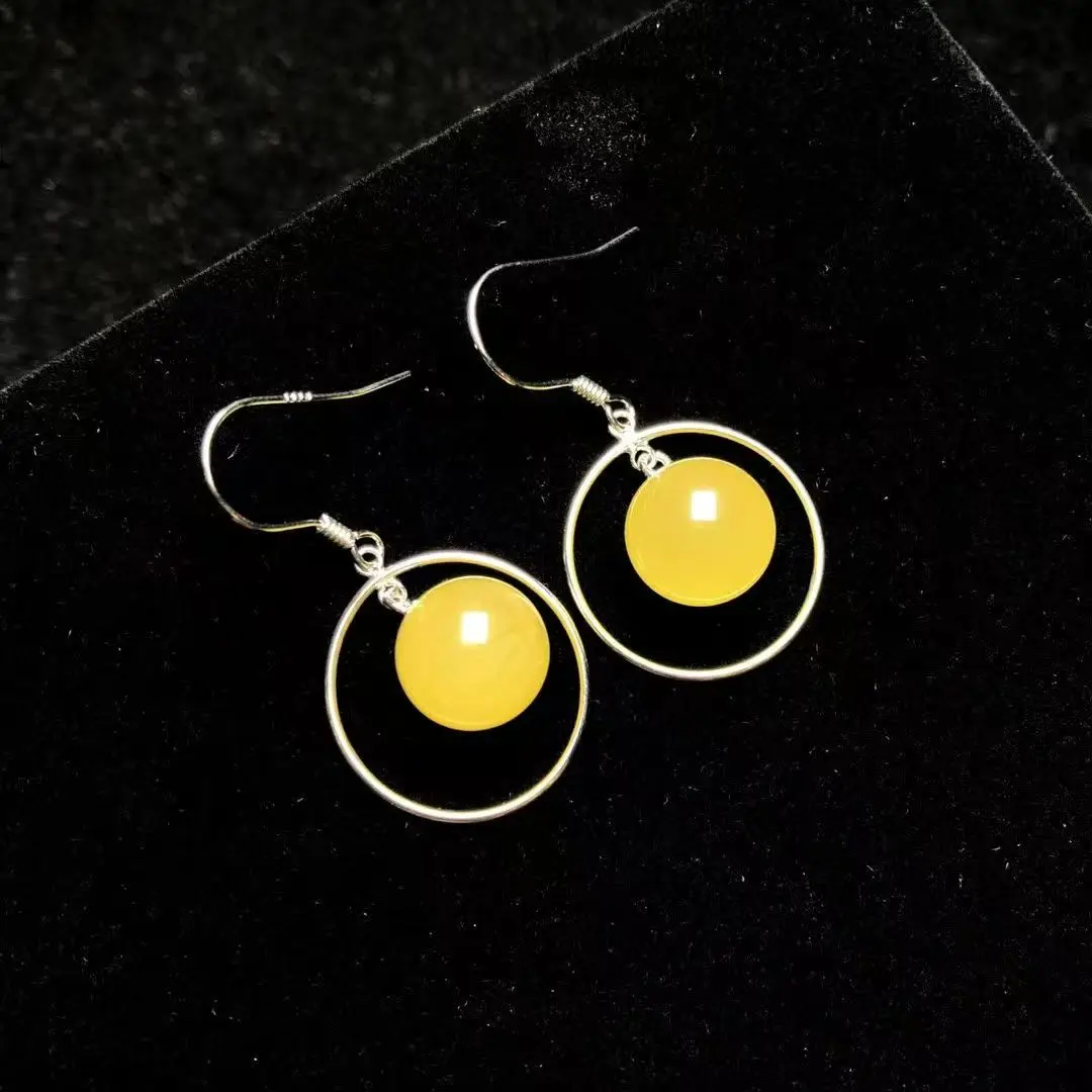 

Romantic Gift Drop Earrings Women's Pure Silver 11mm Round Amber Bee Wax Center Round Silver Ring Jewelry for Girlfriend