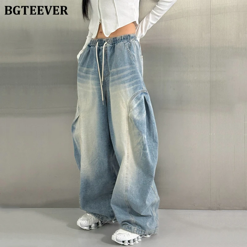 BGTEEVER Vintage Loose Female Straight Drawstring Denim Pants Summer Stylish High Waist Women Solid Pockets Wide Leg Jeans