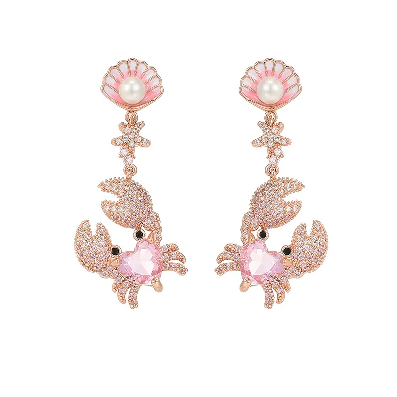 

Fashion trend pin earrings long micro inlaid zircon shell crab personality all-match Earrings