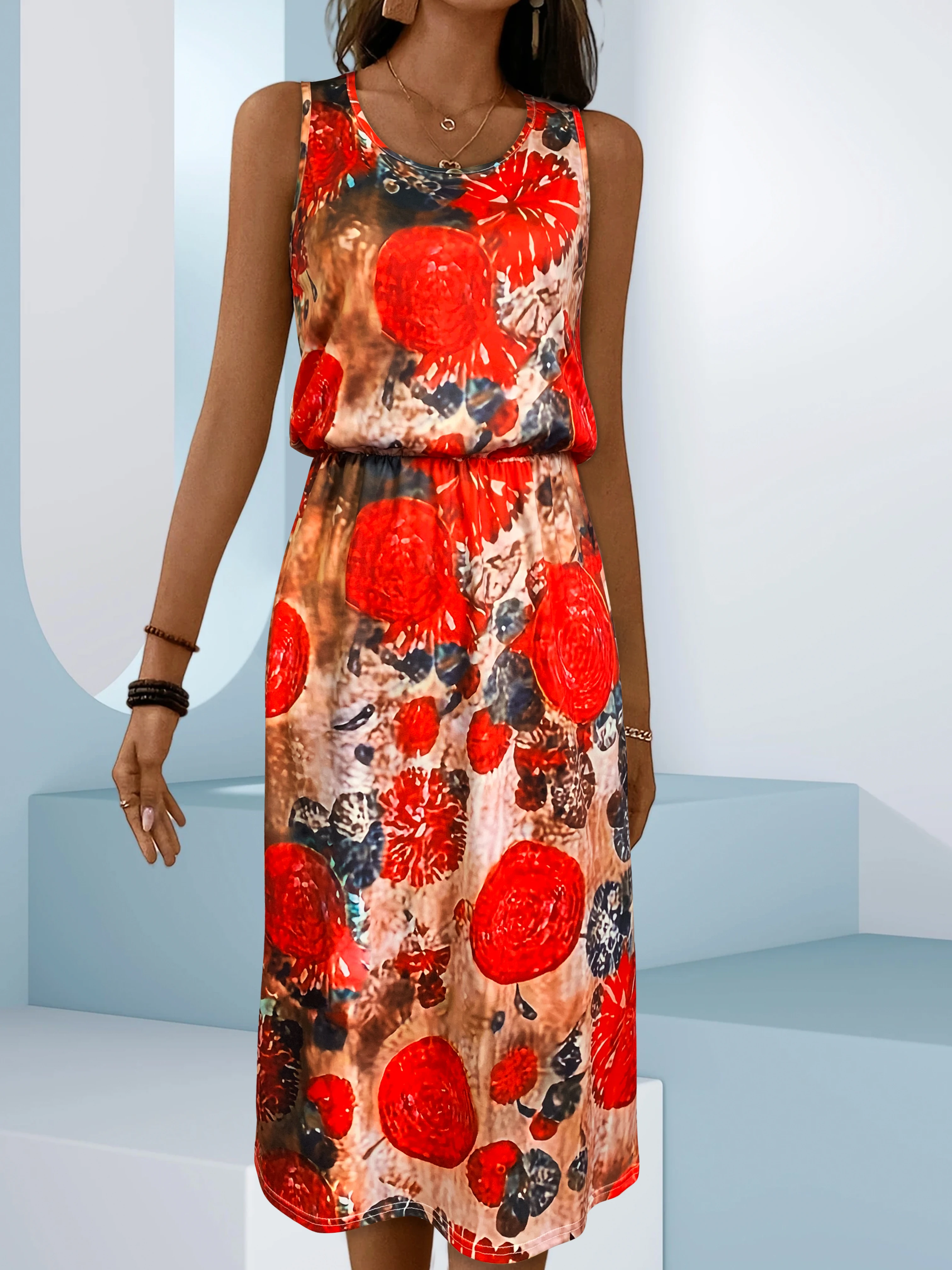 Vestido midi sin mangas con estampado floral para mujer, estampado de flores rojas atrevidas, traje informal de verano y fiesta