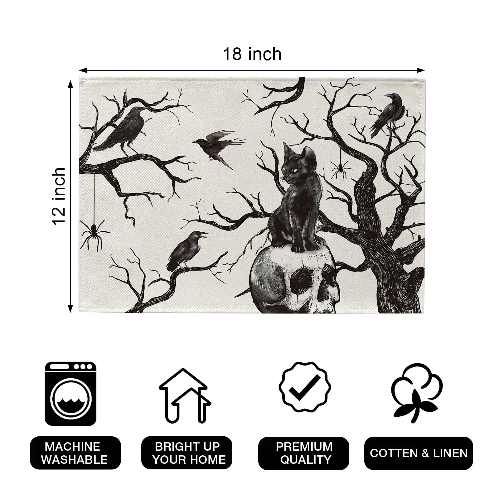 Halloween Skull Black Cat Placemats Set of 4, Gothic Crow Tree Branch Spider Scary Dining Table Place Mats Home Decor 12x18 Inch