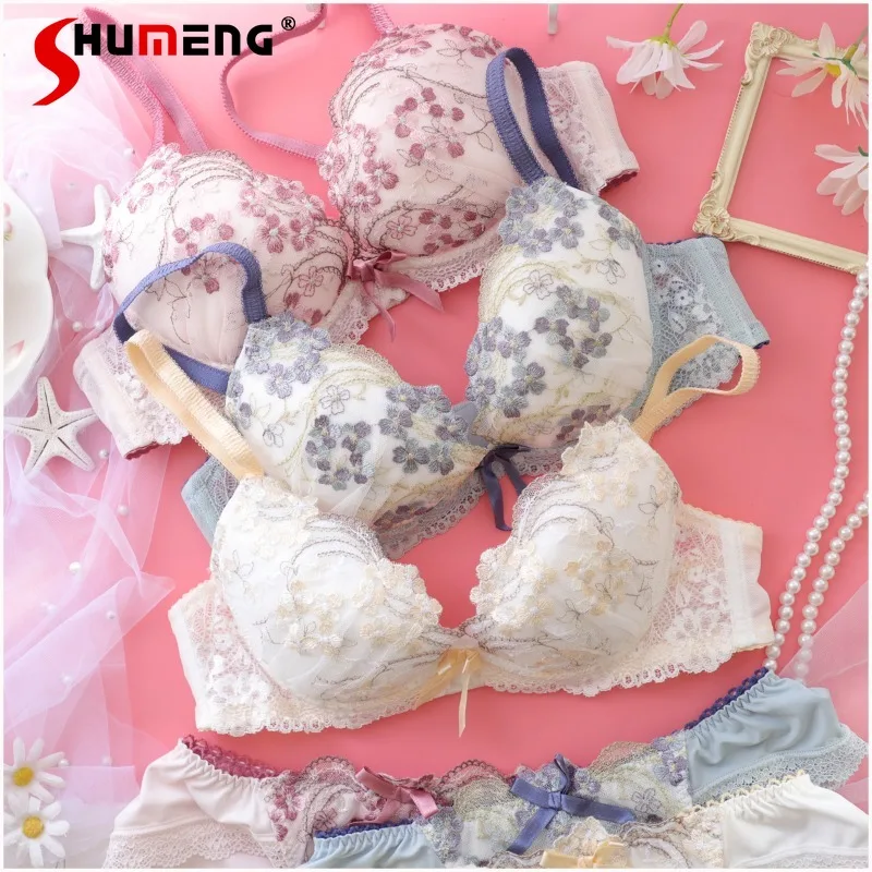 

Girls Japanese Style Underwear Bra Suits Mesh Embroidery Comfortable Intimates Women's High Street Push Up Sexy Brief Set