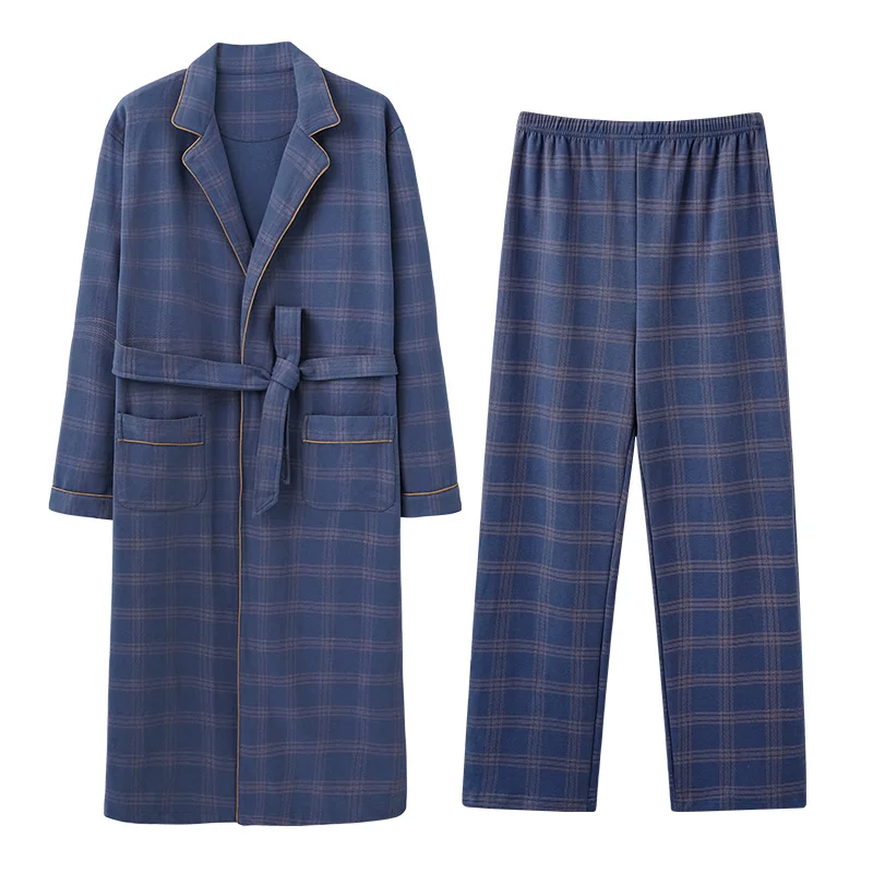 Men’s Cotton Robe Long Sleeve Kimono Bathrobe With Long Pants 2pcs Robes Set Sleepwear Spring Autumn V-Neck Plaid Pijamas Hombre