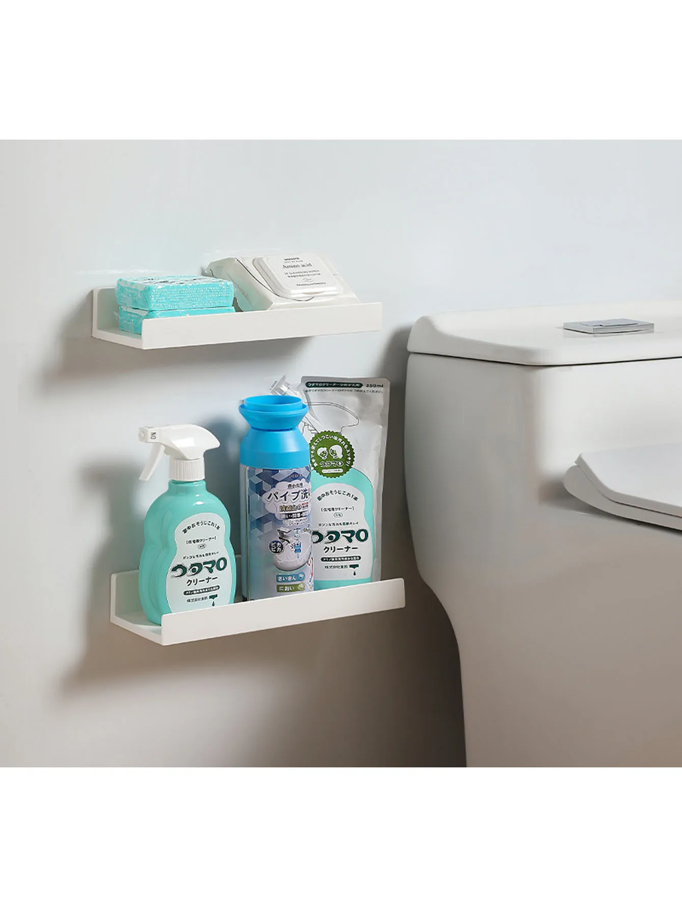 White/transparent no-drill floating shelf, thick plastic, space-saving, traceless for bathroom and kitchen storage.