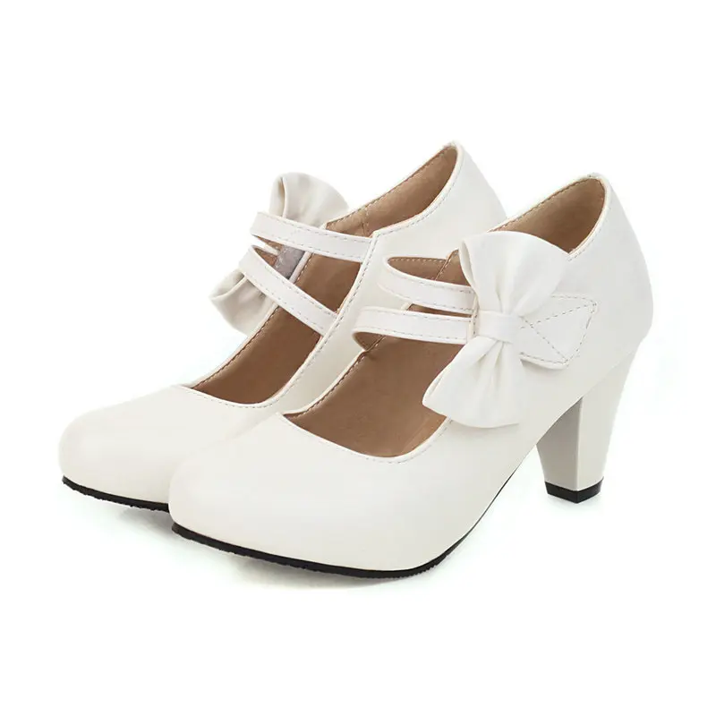 Girls Princess Shoes Woman High Heels Pink White Black Bowtie Ladies Strap Fashion Heel Pumps Party Wedding Shoes Big Size 34-43