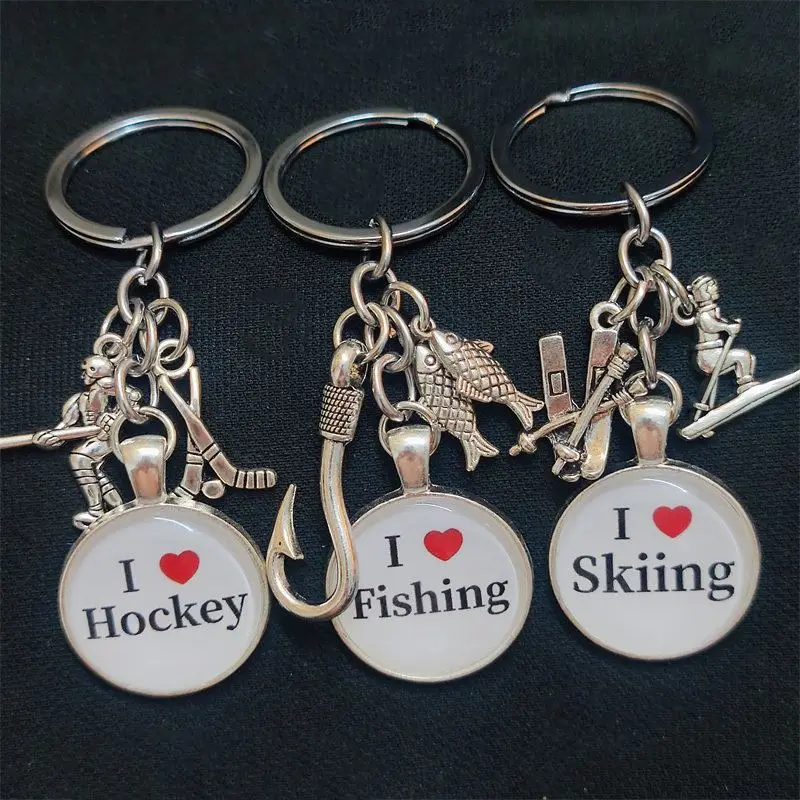 Portachiavi unico I Love Hockey Player, pesca sci portachiavi amo da pesca ciondolo donna uomo gioielli accessori regalo