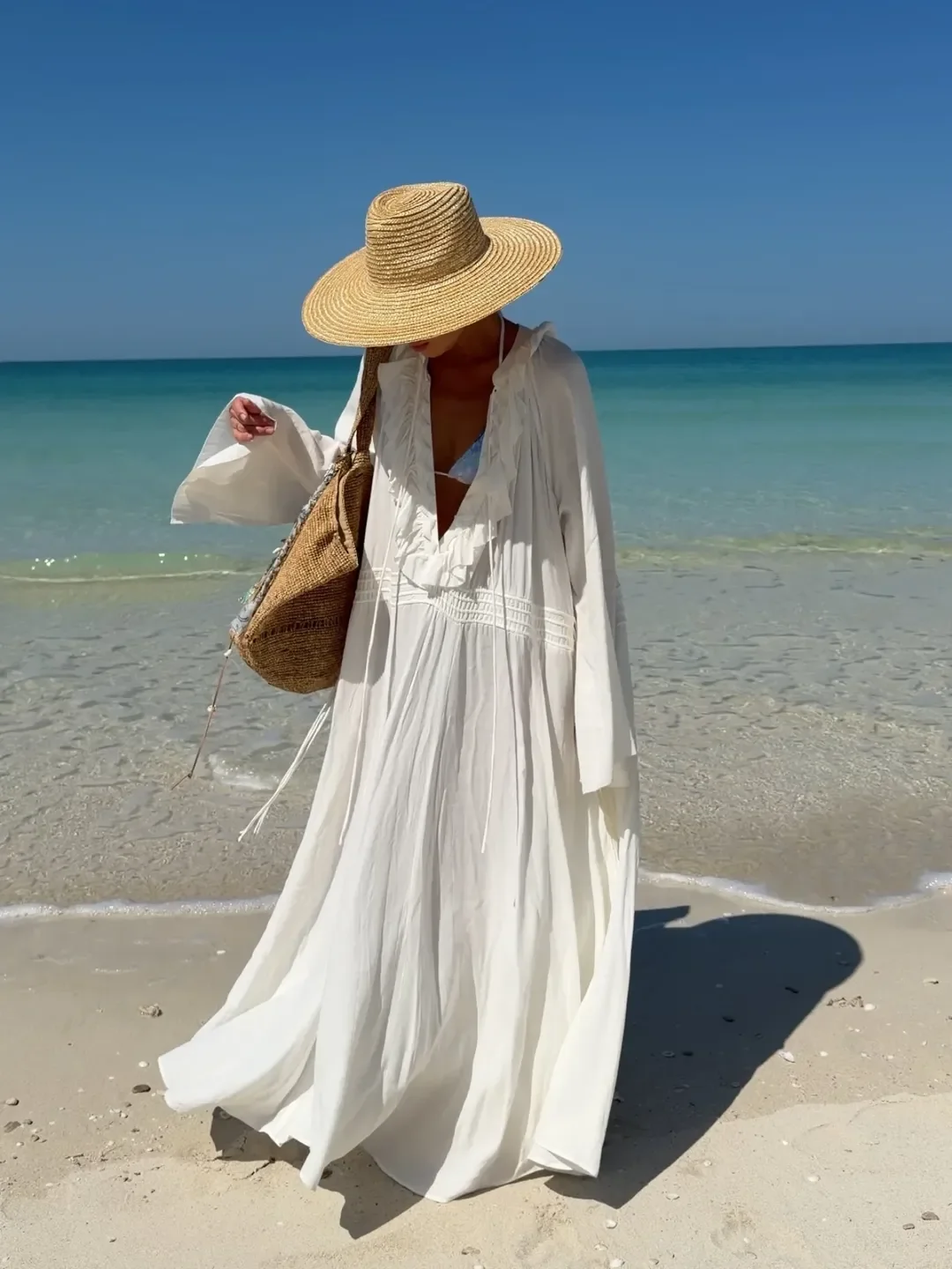 Fashion V-Neck Ruffle Trim Swimwear Cover Up Luxury Lady Maxi Beach Dress Elegant Mujer Long Sleeve Oversized Vacation Beachwear