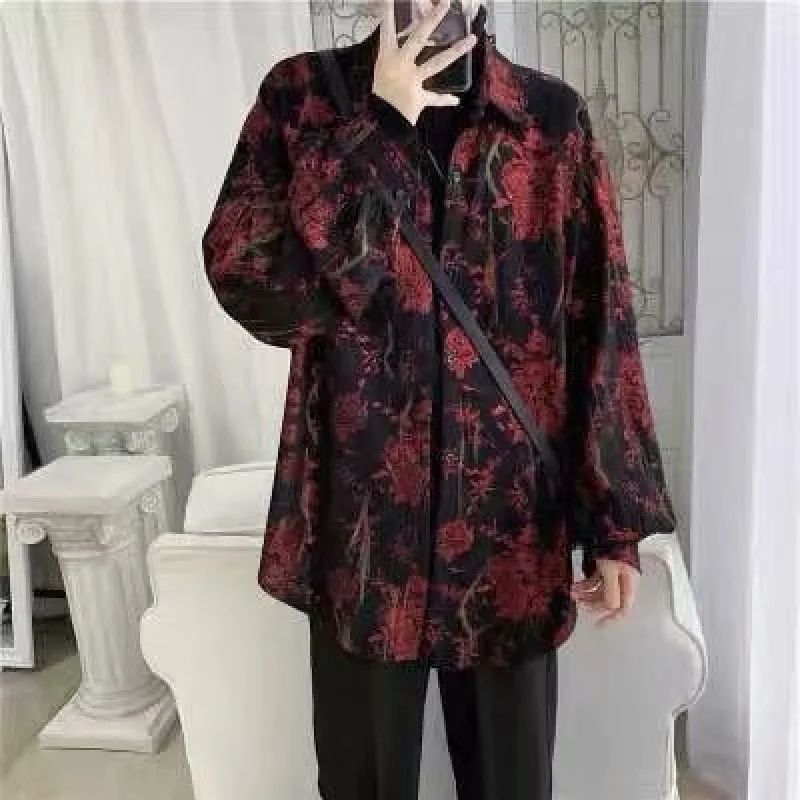 Korean Fashion Long Sleeve Men Streetwear All-match Handsome Stylish Teens Shirt Spring Retro Temperament Hawaiian Men\'s Shirts