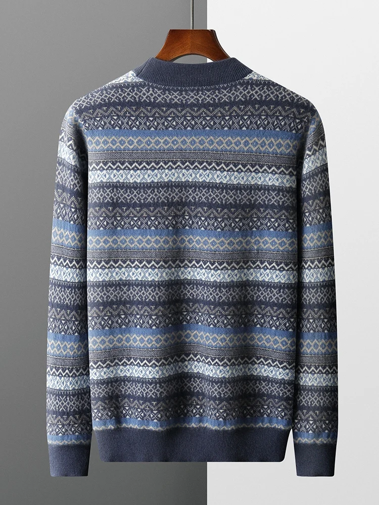 New Autumn Winter 100% Goat Cashmere Knitted Sweater Striped Contrasting Half-neck  Loose Comfortable Vintage Long Sleeve Tops