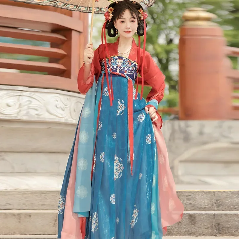 Hanfu Dress Women Chinese Traditional Embroidery Student Hanfu Halloween Cosplay Costume Summer Hanfu Blue Red 3pcs Sets