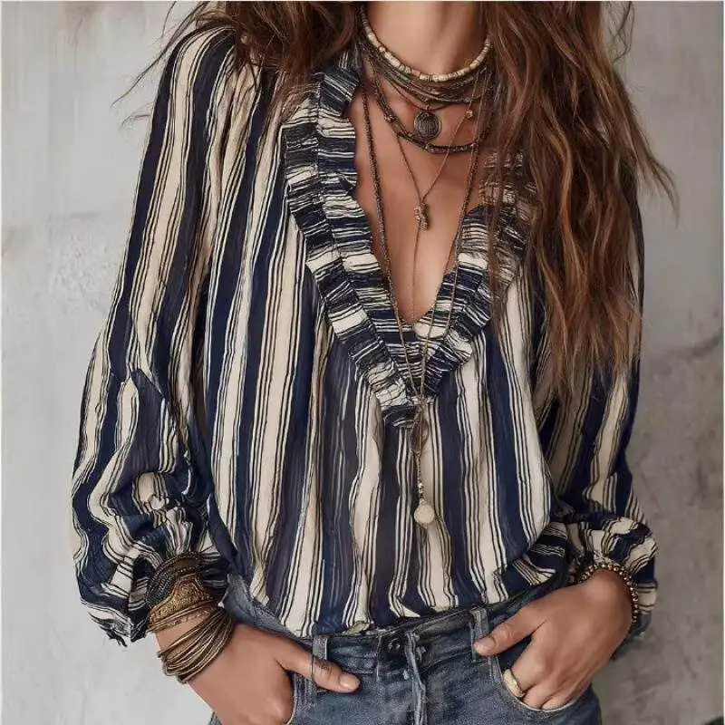 

Bohemian Ruffled Shirt New Style Women's Long Sleeve Fashionable Casual Shirt Neutral Style Printed Color Block Stretch Fabric