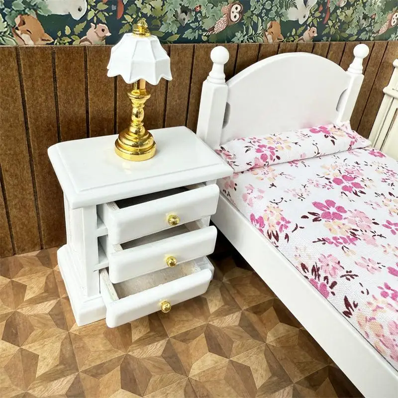 1:12 Dollhouse Miniatures Wooden Single Bed Nightstand Set Model Doll House Bedroom Scene Decor Ornaments Pretend Play Toys DIY