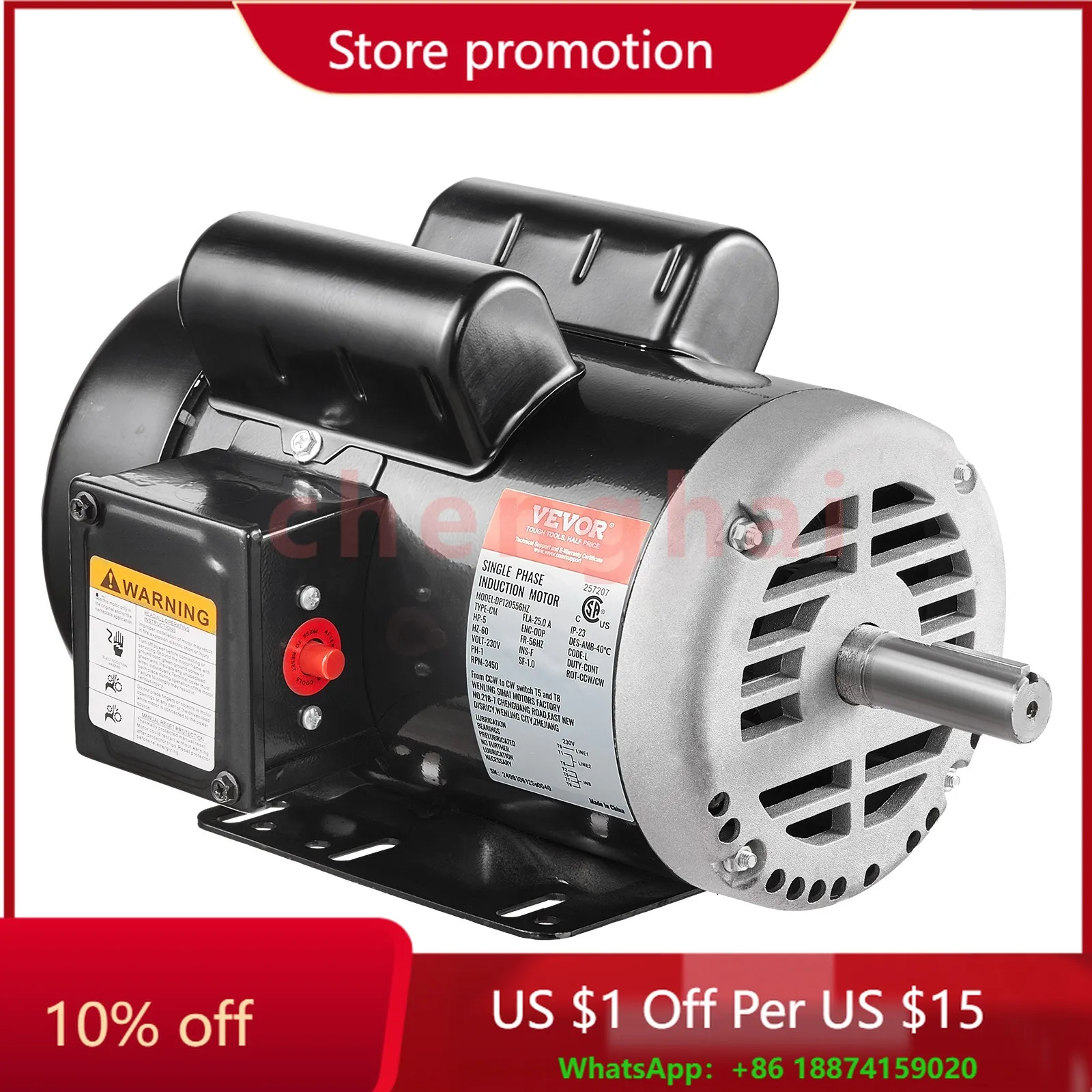 

VEVOR 5HP Air Compressor Electric Motor 230V 3450RPM 56Hz Frame CW/CCW Rotation