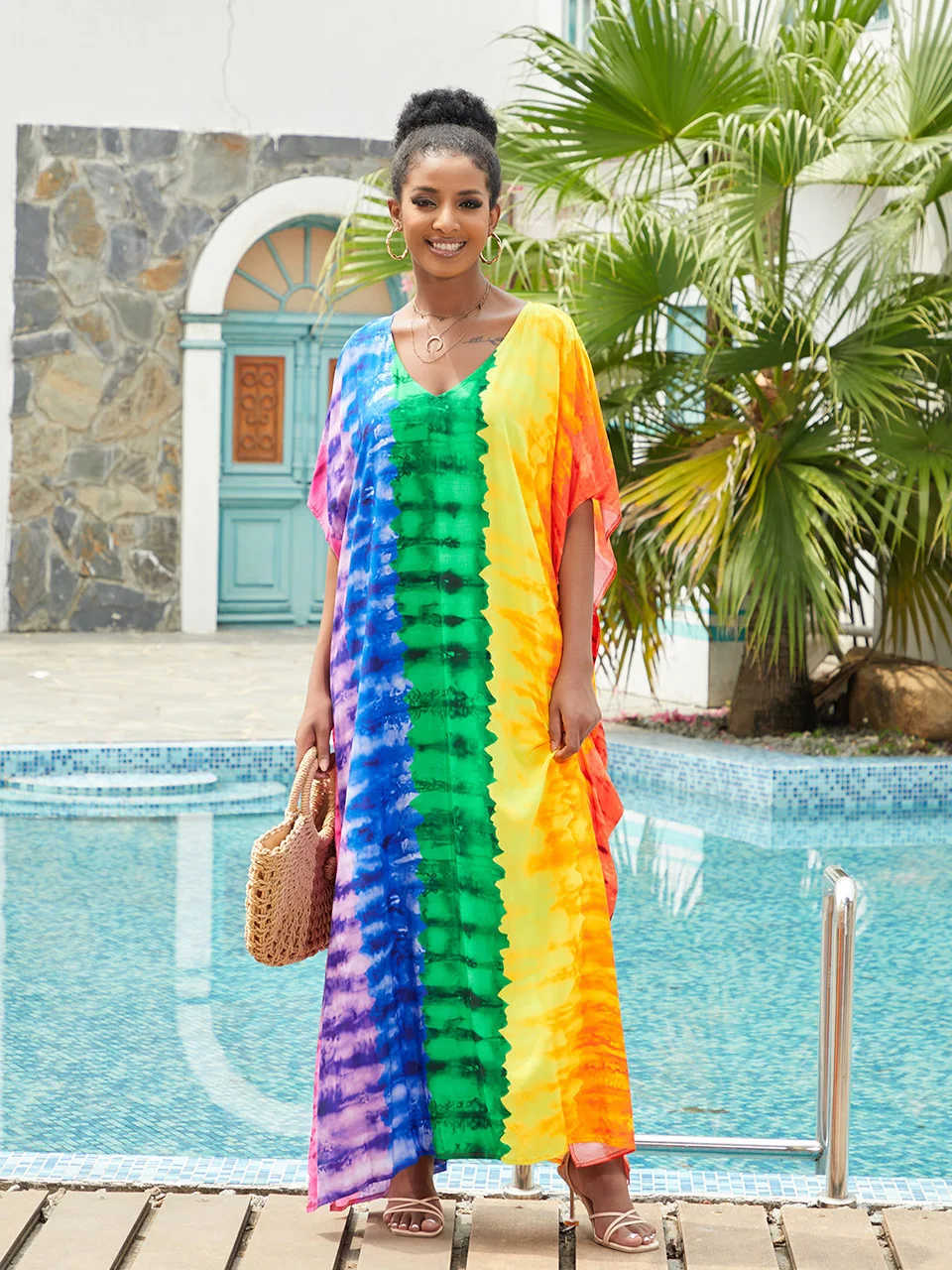 2023 Bohemian Tie Dye Bikini Cover Up Maxi Dress Loose Kaftan Beach Outfits Women Swimsuit Cover-ups Beachwear Long Dresses