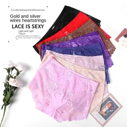 Plus Size Lace Ladies Briefs Breathable High Elastic Belly Pants Hip Hollow Jacquard Underwear Women