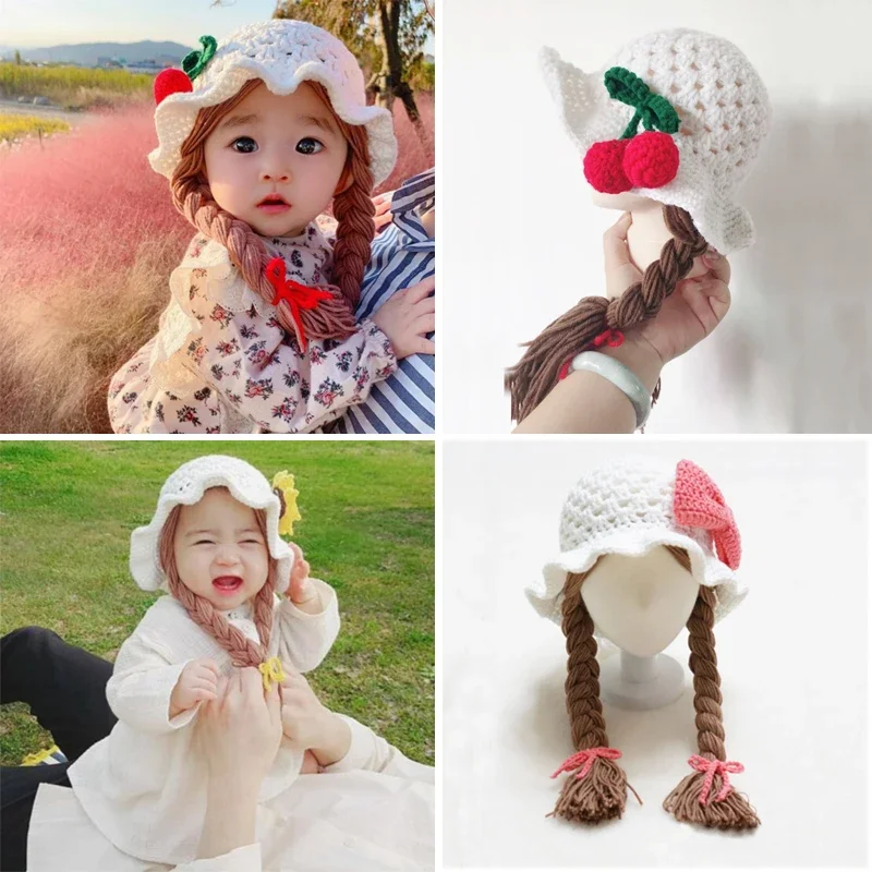 Handmade Knitted Baby Girl Wig Hat Infant Wigs Brades Kid Crochet Hat Caps With Plaits Bebe Photography Props Headwear 1-6 Yrs