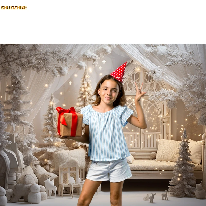 Christmas Backdrop Xmas Tree Gift Window Fireplace Family Party Decor Portrait Photography Background for Photo Studio