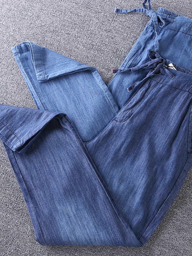 

Loose Straight Leg Elastic Waist Waed Casual Pants Men's Thin Denim Jeans Breathable Comfortable Youth Trend Spring Summer