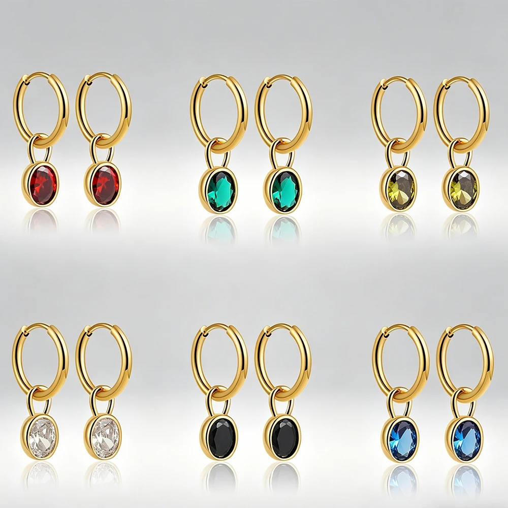 Damen Edelstahl Mehrfarbige Ovale CZ Zirkon Tropfen-Ohrringe 18K Vergoldet Glänzender Metall-Modeschmuck Party-Geschenke