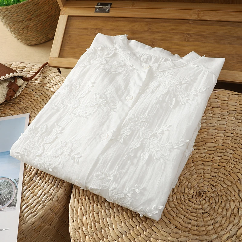 Pur coton brodé Long Sve coupe ample col montant femmes irt printemps nouveau Sle doux polyvalent Floral cousu irt