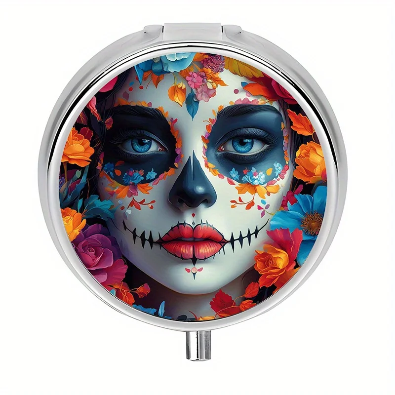 1 piece, mini pill box with 3 compartments, floral and skull pattern, cosmetic pill box for women, portable for travel or purse, medicine box, vitamin storage box, unique gift, travel