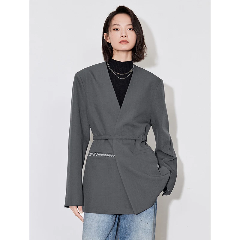 TOYOUTH Women Blazer 2024 Autumn New V Neck Elegant Office Lady Working Wear Jacket With Waistband Gray