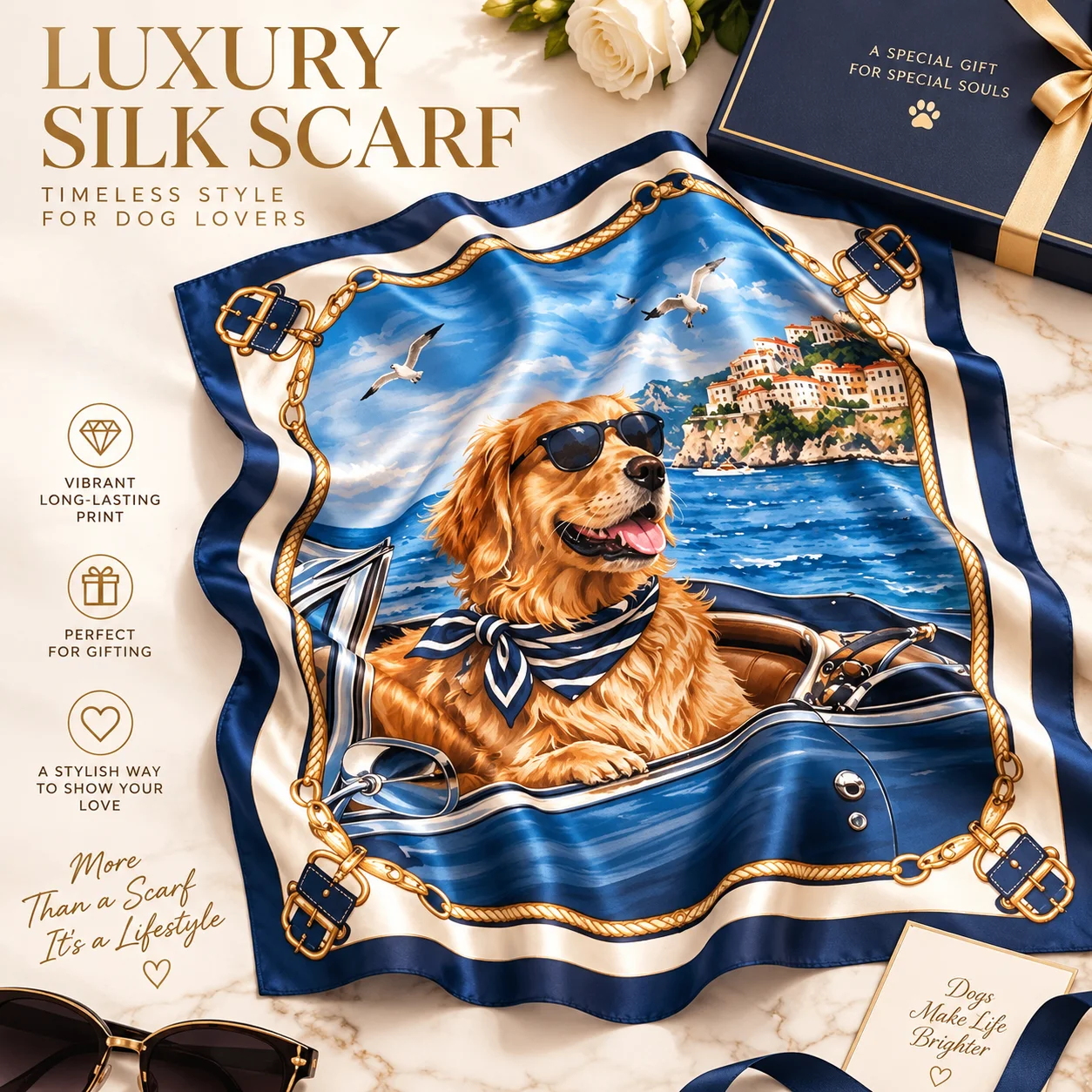 Custom Dog Silk Scarf Golden Retriever Yacht Ocean Print Personalized Pet Lover Neck Hair Scarf Fashion Accessory Gift for Dog L