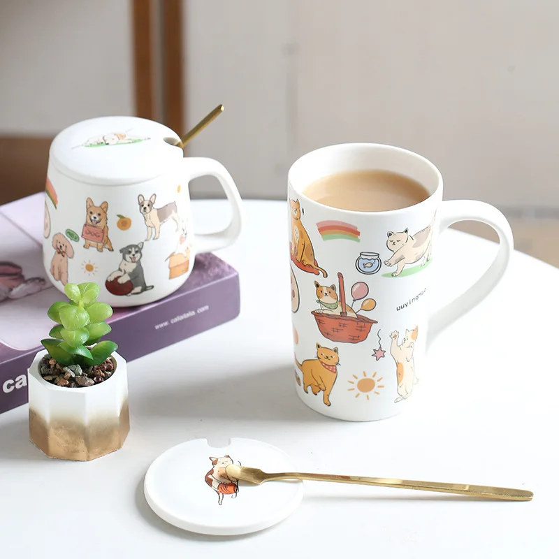 Cartoon Cat and Dog Cup Ceramic Drinkware Mug Coffee Mug Spoon with Lid Office Breakfast Milk Water Mugs Couple Desk Decoration