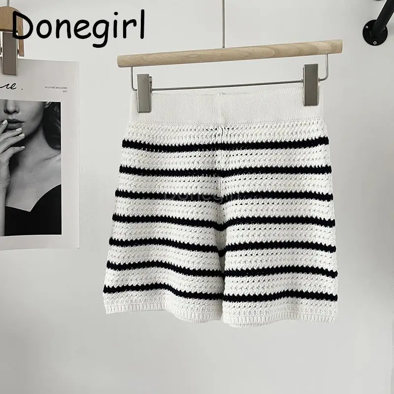 Donegirl 2023 New Fashion Spring Summer Crochet Knitted Hollow Out Short Pants Solid Striped Casual Simple Shorts Female Chic