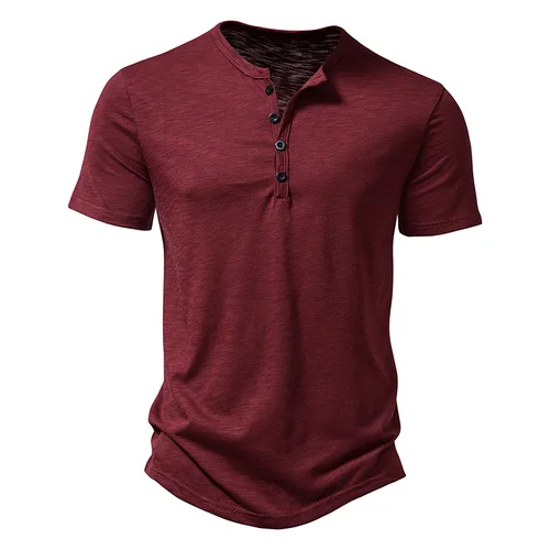 Imagen 1 del producto Camiseta de fibra de bambú para hombre, camisetas informales de alta calidad de verano de manga corta con cuello Henley, Camiseta básica de moda para hombre