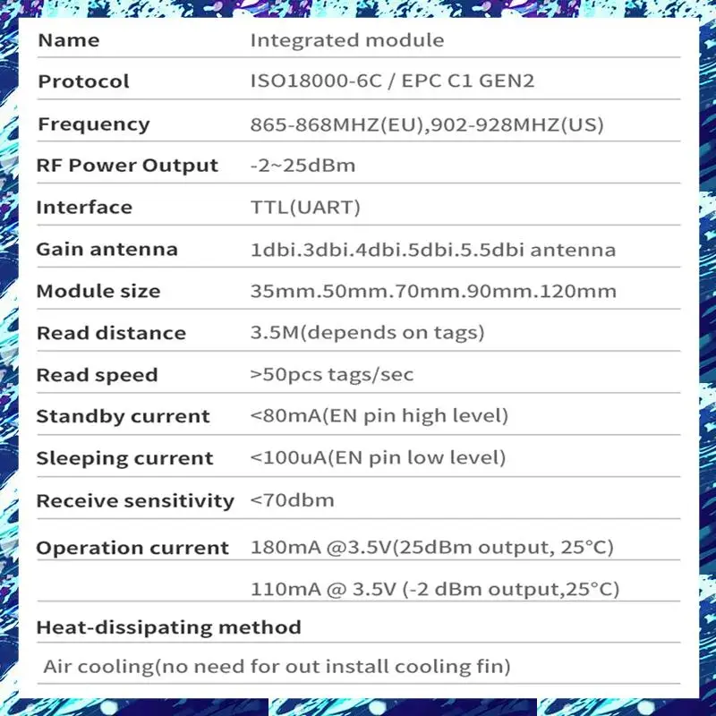 CEA 35X35mm 1Dbi 안테나 통합 868-928Mhz All-In-1 UHF RFID 모듈(1Dbi US) 내구성이 뛰어난 쉬운 설치