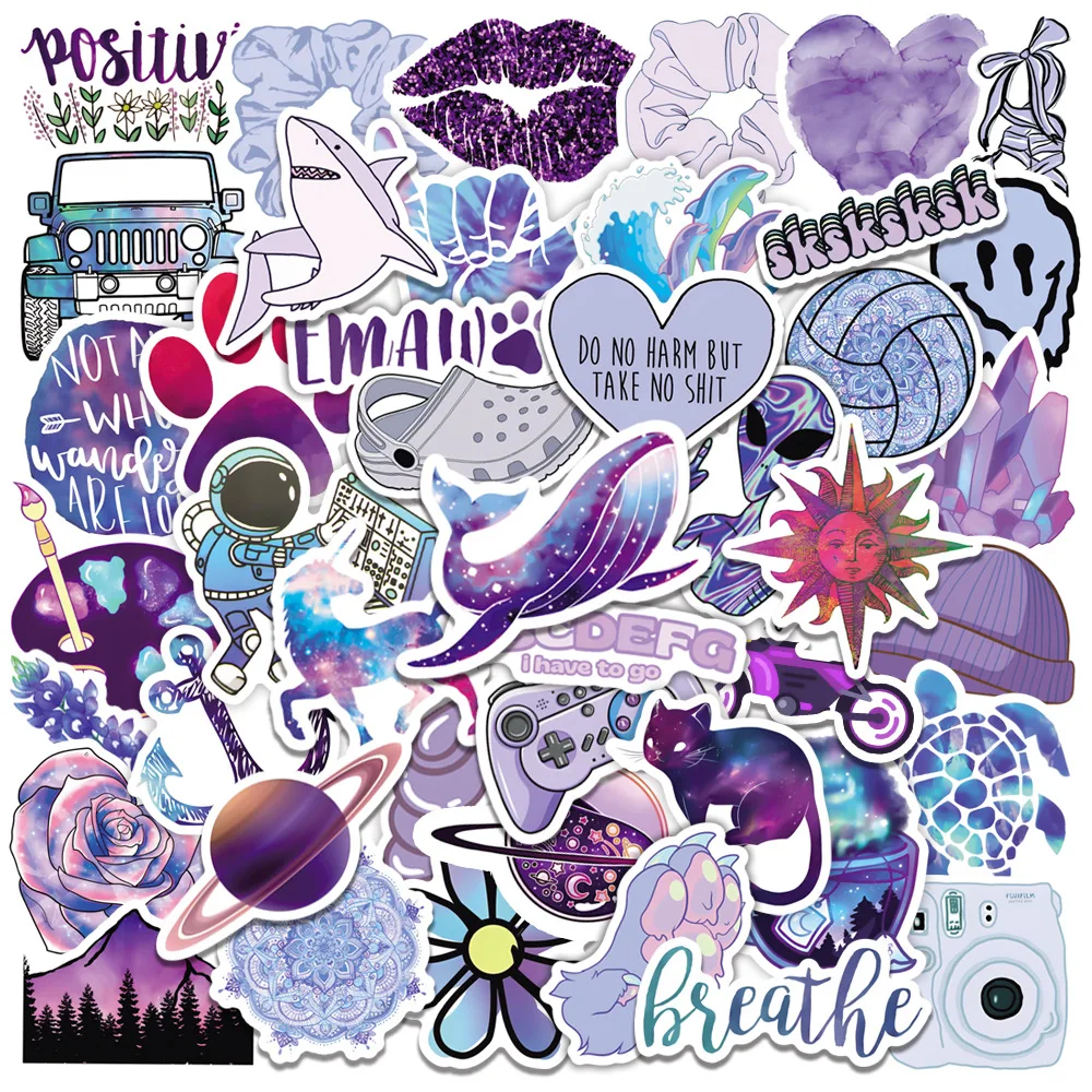 

50Pcs Purple Aesthetic Cartoon Graffiti Stickers For DIY Phone Case Guitar Notebook Laptop Stationery Car Scrapbooking Decals