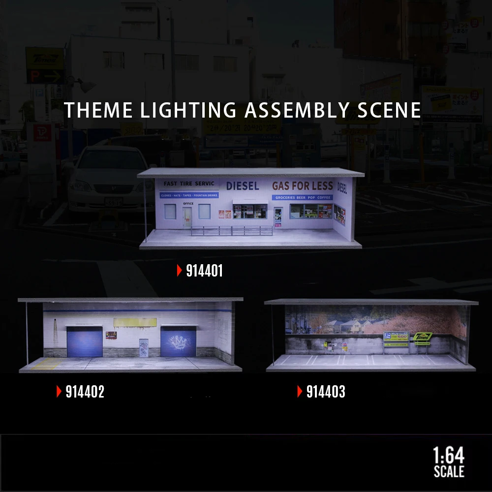 

Модели гаража автомобиля 1:64 АЗС-станция в американском стиле, склад и модели сцены для парковки вишневого цвета с версиями освещения