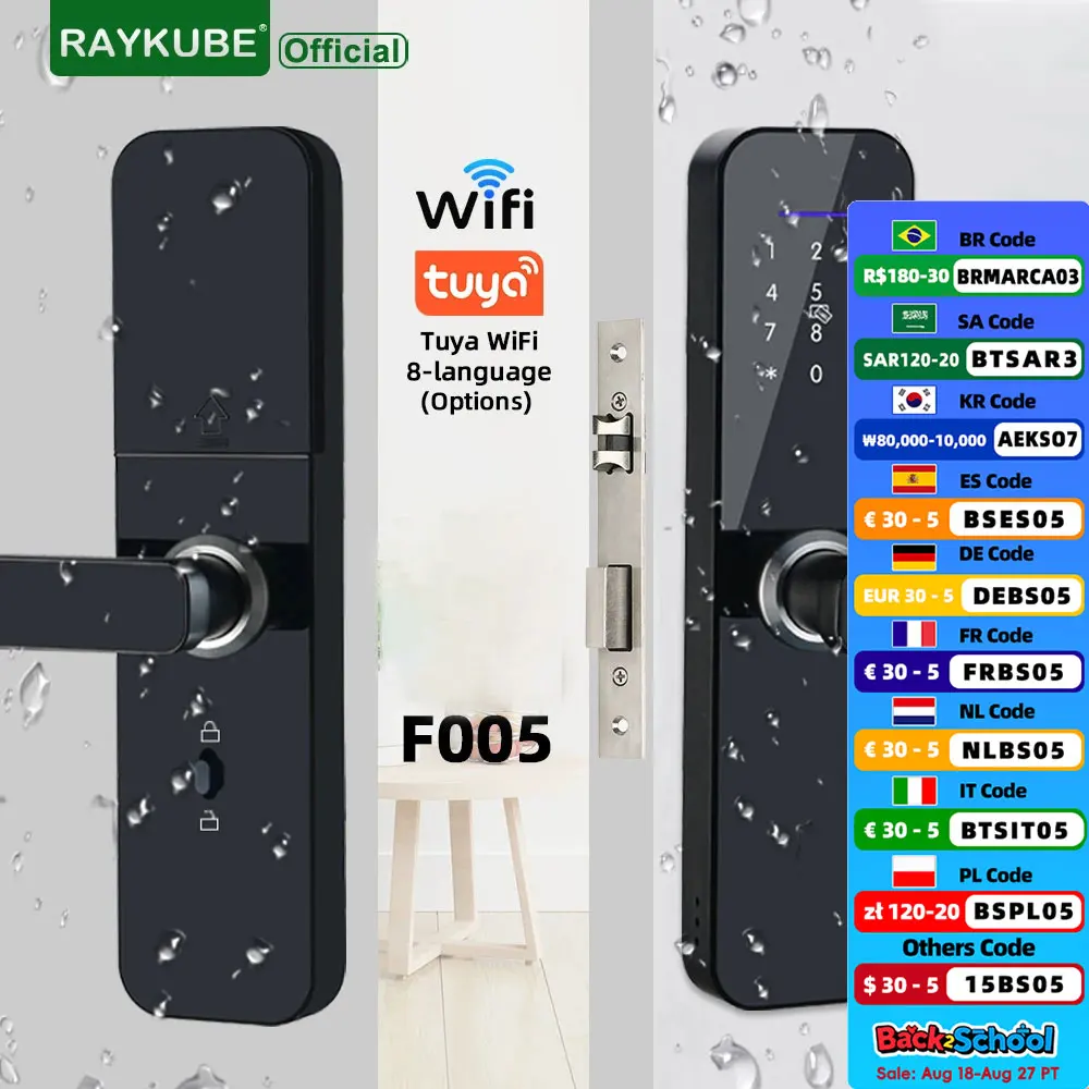 

RAYKUBE F005 IP65 Водонепроницаемый Tuya Wi-Fi Электронный умный дверной замок с отпечатком пальца/смарт-картой/паролем/ключом/TT Lock APP Разблокировка