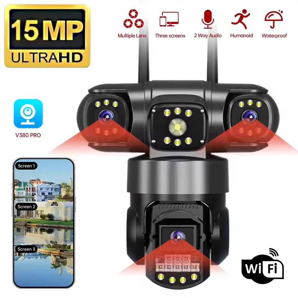 15MP Three Lens Three Screens Wireless Camera PTZ Outdoor WIFI Cameras 10X Zoom AI Human Detection Security IP Cam Surveillance