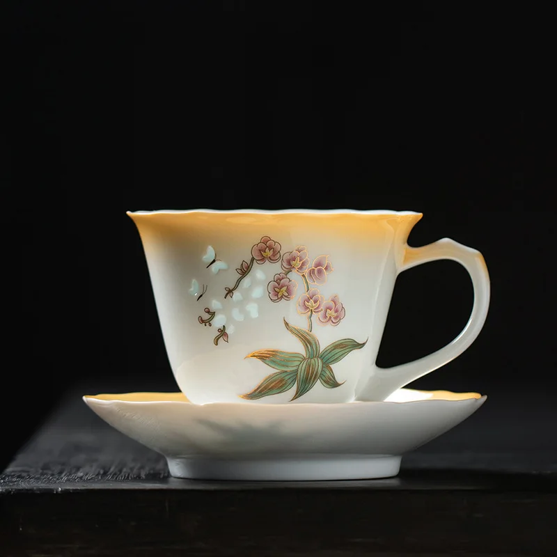 

Изысканная китайская кофейная чашка и блюдце — изысканная фарфоровая чашка для чая для элегантного послеобеденного чая, чашка с нежной ручкой, подарок