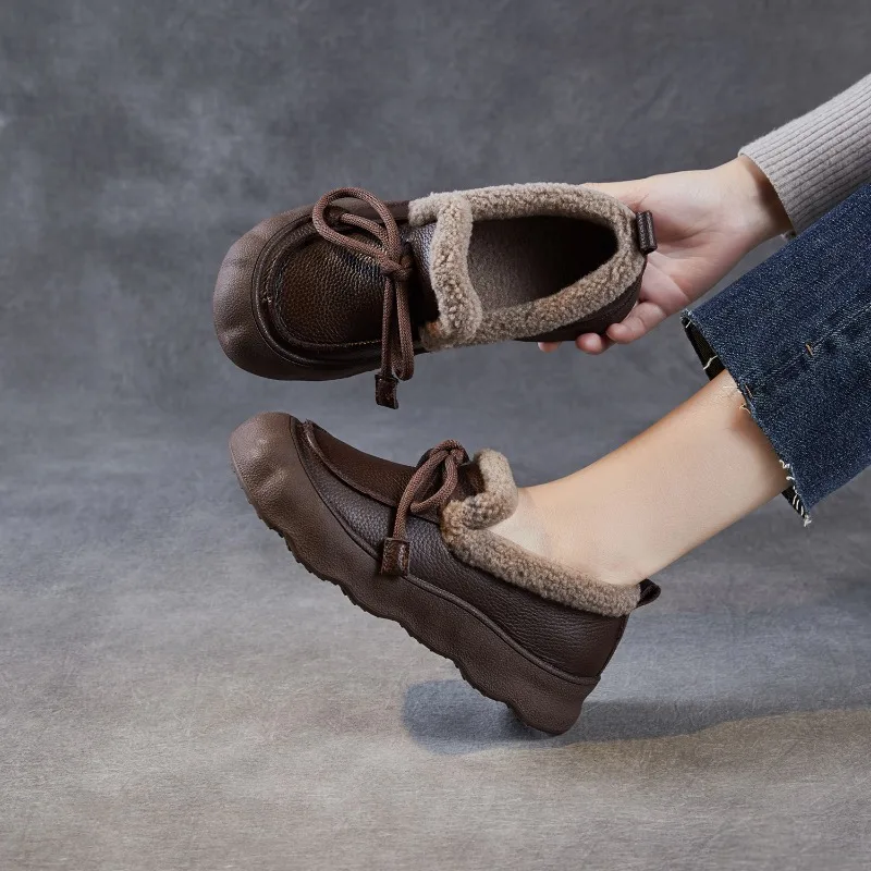 

Women's Winter Loafers Luxury Genuien Leather Casual Warm Hot Flats Outdoor Fashion Round Toe Comfortable Shoes for Women