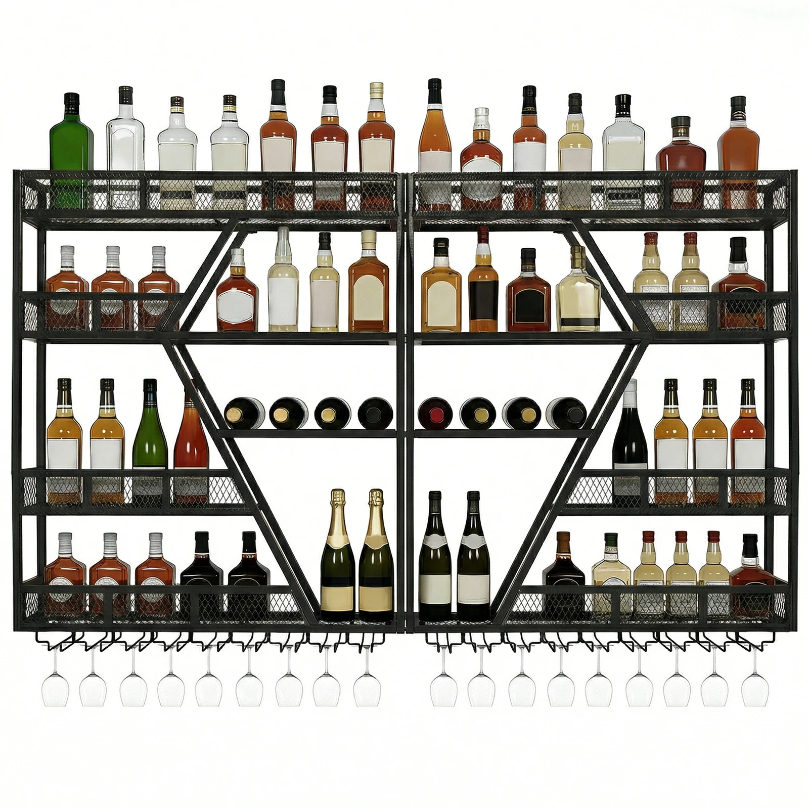 

3/4 Tier Wall Mounted Bar Shelves Metal Hanging Wine Bottles Display Shelf with Glass Holder for Kitchen Dining Room Home