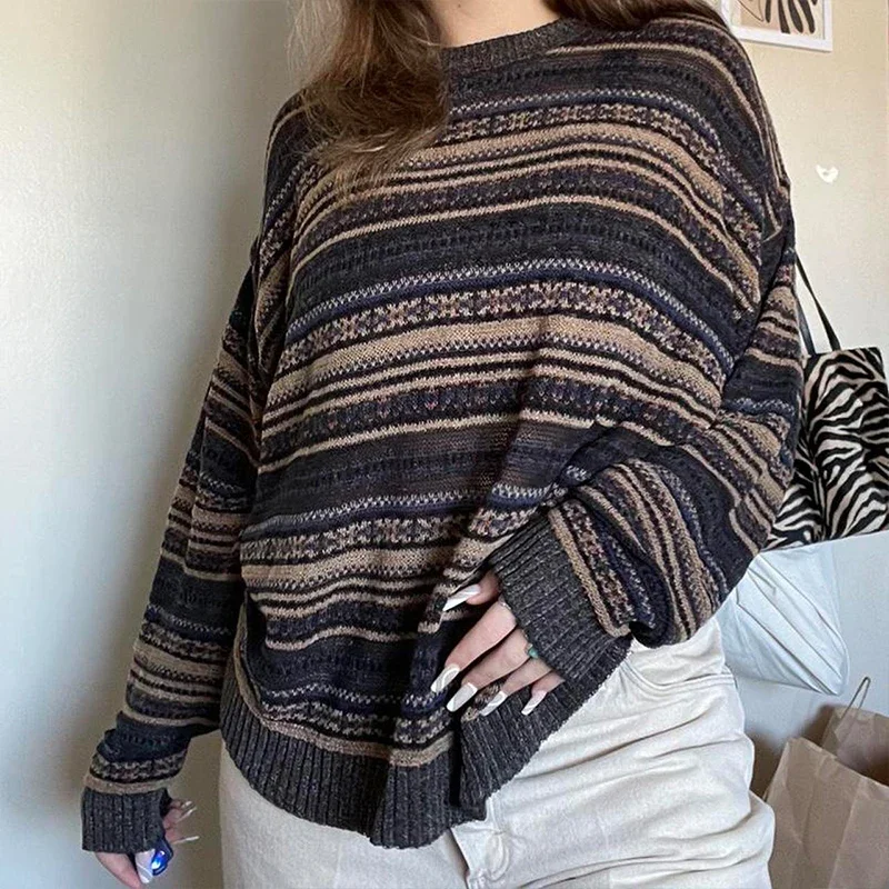 00s  Women Cottage Grunge Striped Knitted Sweater Autumn O Neck Long Sleeve Knitwears Preppy Style Vintage Y2K Baggy Pullovers