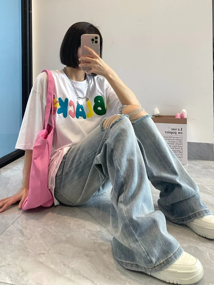 Fashionable Women's Summer Wide Leg Jeans with Ripped Washed Effect Casual Loose Fit American High Street Style Straight Long