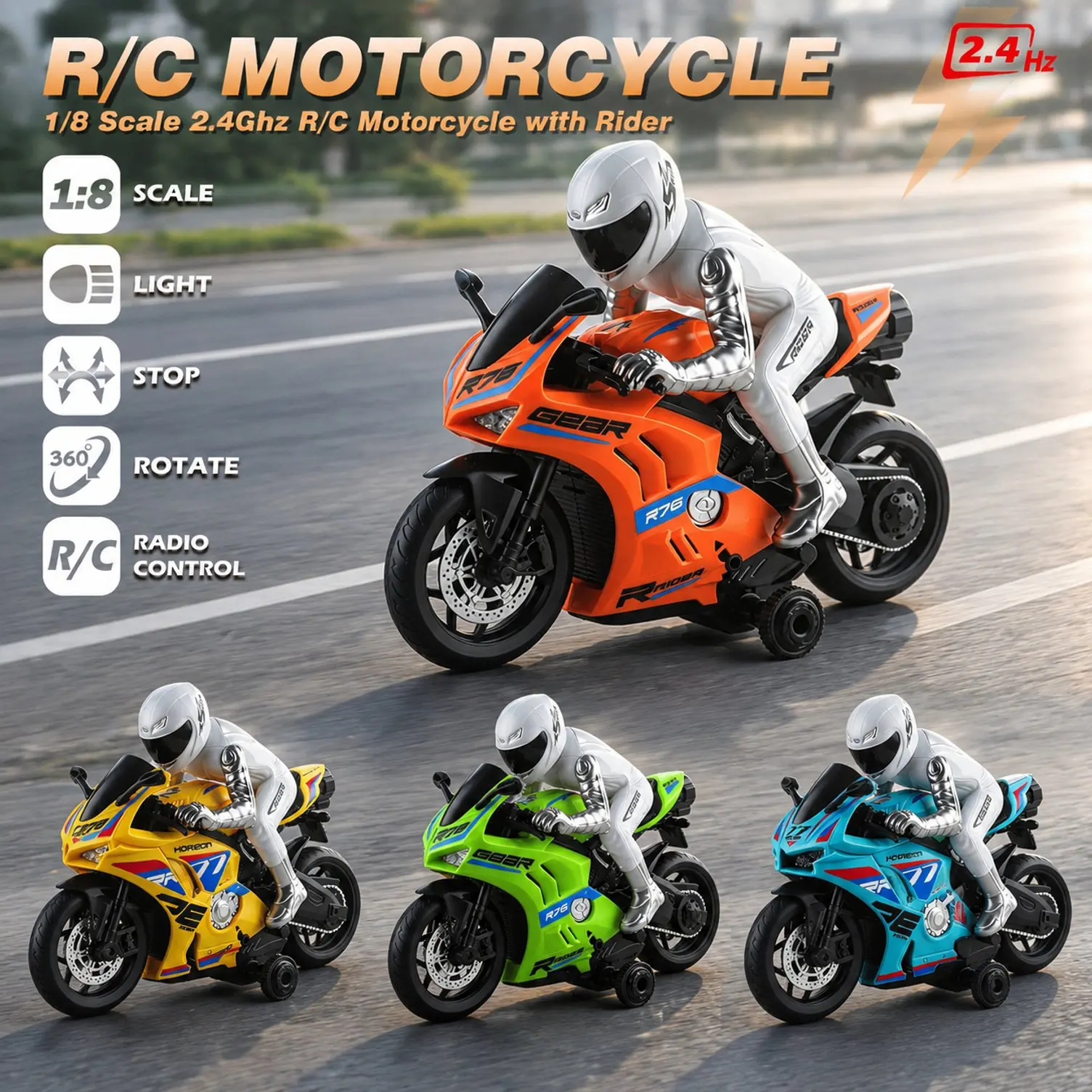 1/8 RC Motorcycle Children's Toy 2.4G Simulation Motorcycle with Lights and 360 Rotation RC Car Model for Kids Adults Gifts