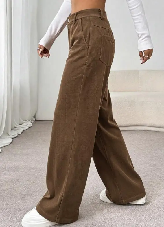 Pantalones de pierna recta de pana de cintura alta de Color sólido de otoño para mujer pantalones de pierna recta de Color sólido ajustados versátiles informales