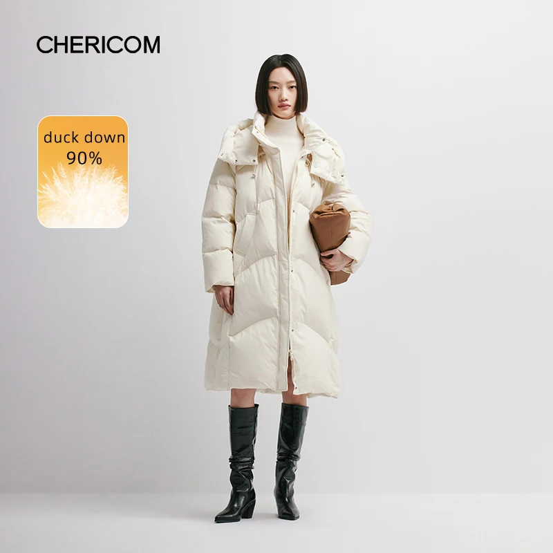 Chericom2024 Winter Women's Lapel Long Hooded Down Jacket Removable Cap Zipper Button Thickened Windproof Warm Solid Coat 298087