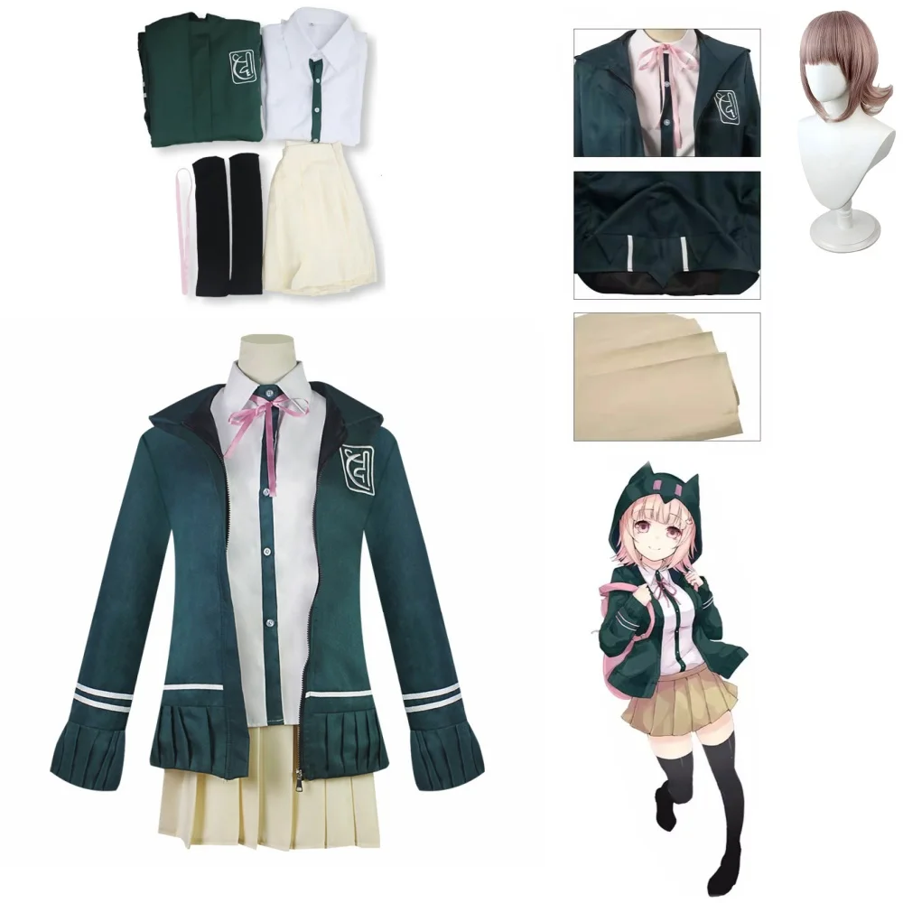 Chiaki Nanami hair clip Cosplay Costume Danganronpa 2 School Uniform bag backpack jacket shoes outfit Halloween For Women Girl