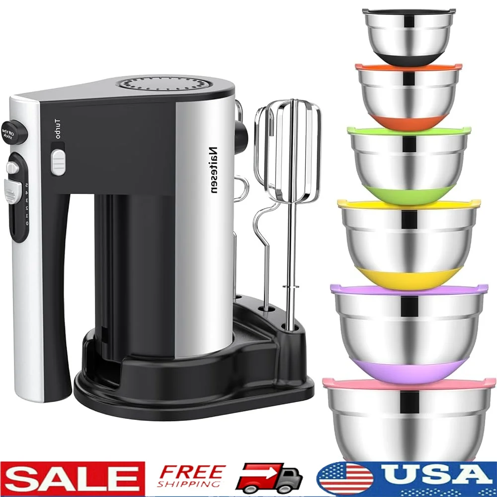 

600W Electric Hand Mixer Turbo Function 6 Mixing Bowls Airtight Lid Stainless Steel Beaters Dough Hooks Storage Base Handheld