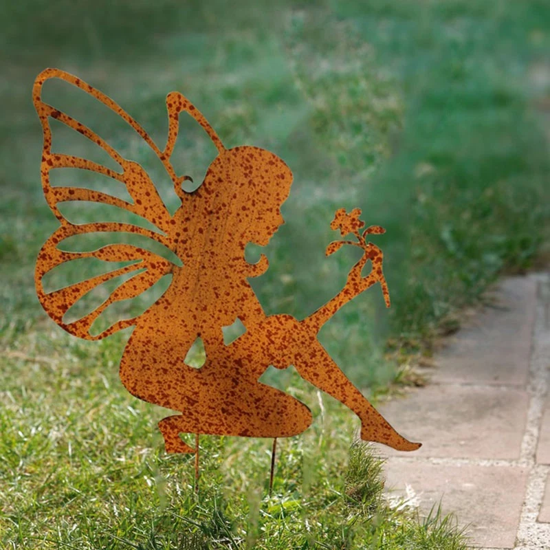 Retro Garden Plugin Rust Retro Flower Fairy Fairy Angel Flower Girl Fairy Steel Profile With Rusty Patina