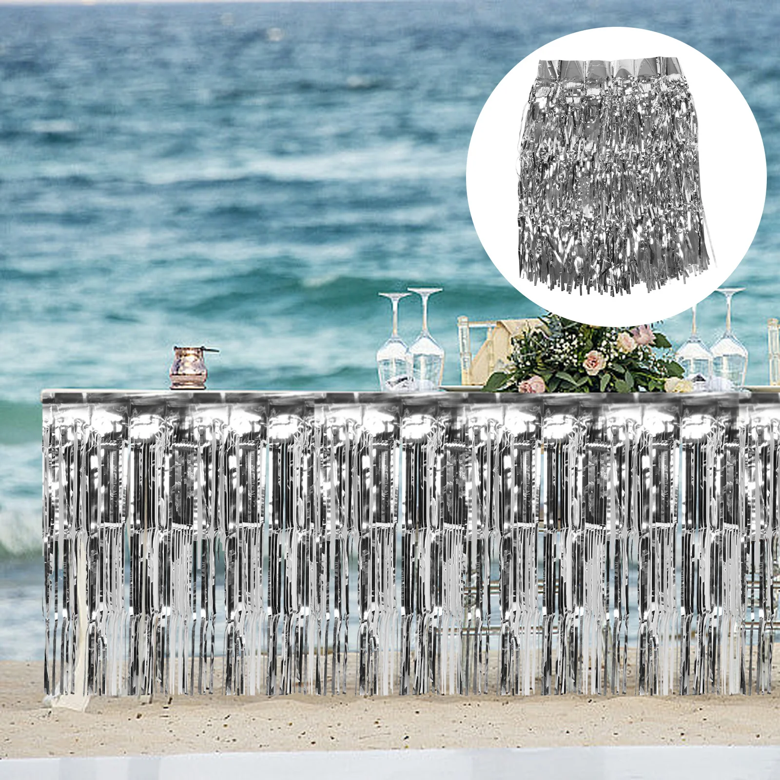

Silver Foil Fringe Table Skirt Tinsel Metallic Disposable Birthday Wedding Holiday Party Decorations Table Skirts for Party