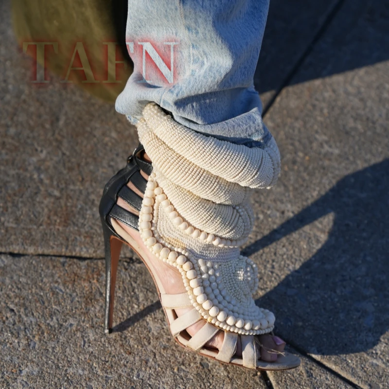 

Women Peep Toe Pearl Embellished Sandals Ladies Ankle Wrap Gladiator High Heel Shoes Party Bride Pumps Women's Summer Sandals